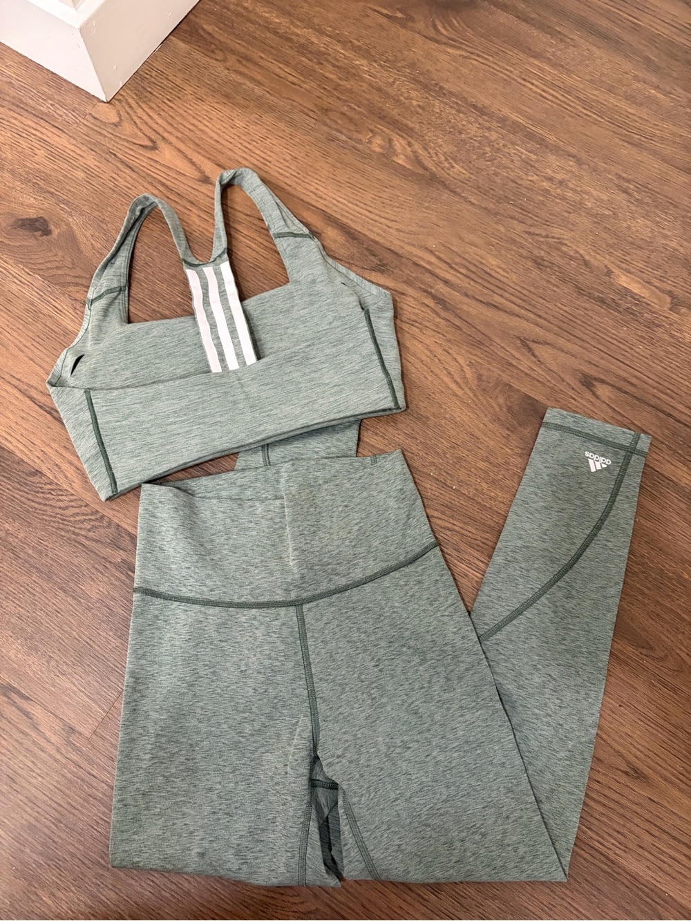 ADIDAS Sage Green Heathered Sports Bra and High-Waist Leggings Set - Picture 2 of 6